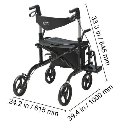 2-in-1 Rollator Folding Walker & Transport Chair
